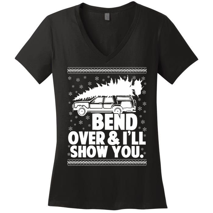 Bend Over And Ill Show You Funny Merry Christmas Tree Women's V-Neck T-Shirt