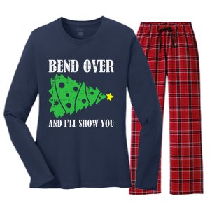 Bend Over And Ill Show You Christmas Pajama Funny Xmas Humor Women's Long Sleeve Flannel Pajama Set 