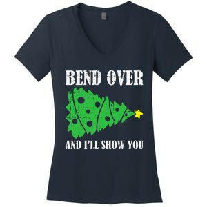 Bend Over And Ill Show You Christmas Pajama Funny Xmas Humor Women's V-Neck T-Shirt