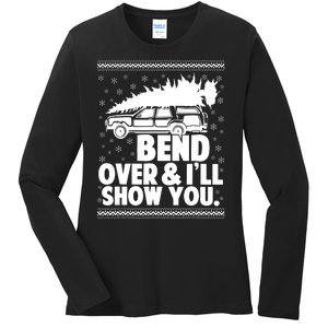 Bend Over And Ill Show You Funny Merry Christmas Tree Women Ladies Long Sleeve Shirt