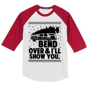 Bend Over And Ill Show You Funny Merry Christmas Tree Women Kids Colorblock Raglan Jersey