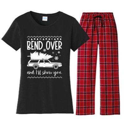 Bend Over And Ill Show You Christmas Pajama Funny Xmas Women's Flannel Pajama Set