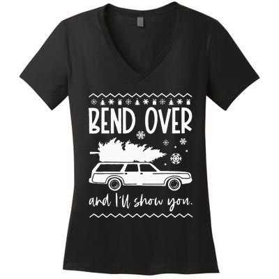 Bend Over And Ill Show You Christmas Pajama Funny Xmas Women's V-Neck T-Shirt