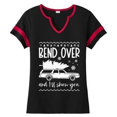 Bend Over And I'll Show You Christmas Couples Matching Ladies Halftime Notch Neck Tee