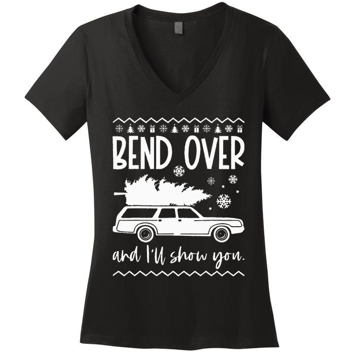 Bend Over And I'll Show You Christmas Couples Matching Women's V-Neck T-Shirt