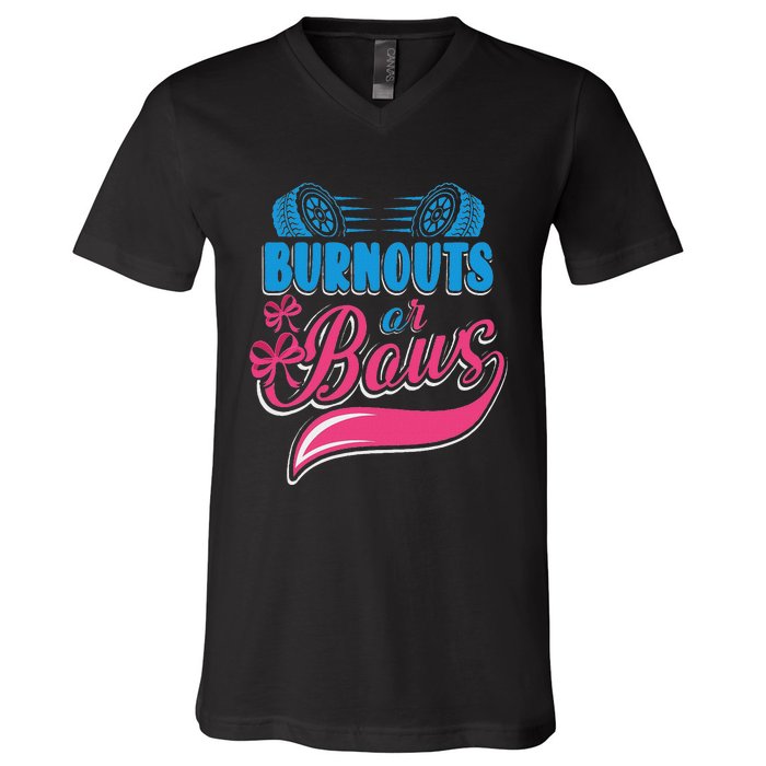 Burnouts Or Bows Gender Reveal Baby Party Announcement V-Neck T-Shirt