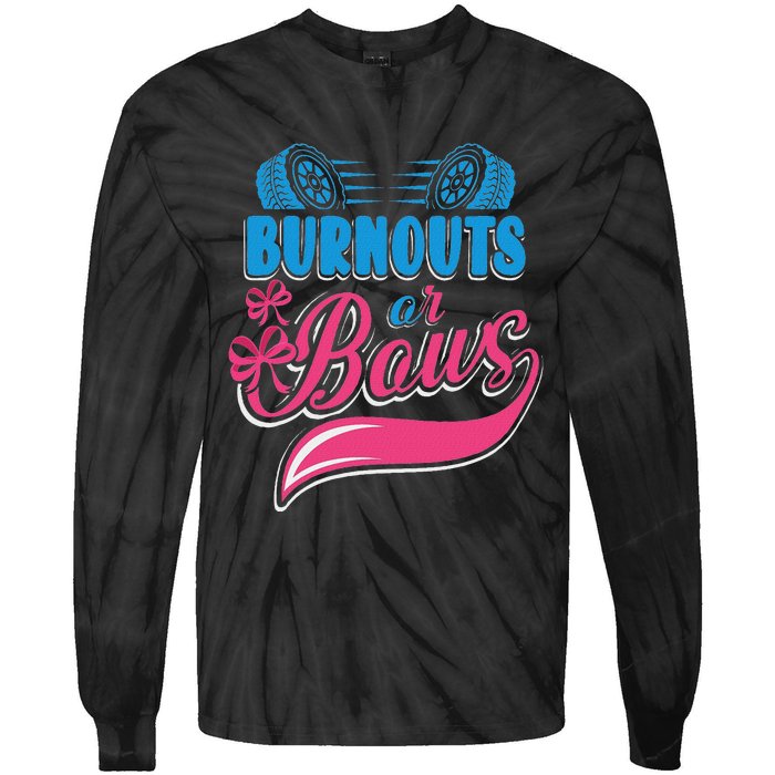 Burnouts Or Bows Gender Reveal Baby Party Announcement Tie-Dye Long Sleeve Shirt