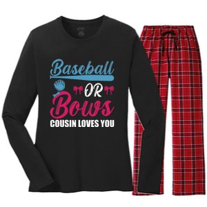 Baseball Or Bows Cousin Loves You Funny Gender Reveal Kids Women's Long Sleeve Flannel Pajama Set 