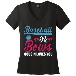 Baseball Or Bows Cousin Loves You Funny Gender Reveal Kids Women's V-Neck T-Shirt