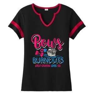 Burnouts Or Bows Gender Reveal Baby Great Grandma Ladies Halftime Notch Neck Tee