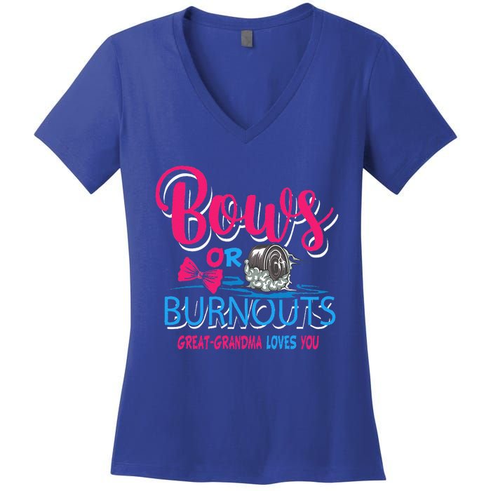 Burnouts Or Bows Gender Reveal Baby Great Grandma Women's V-Neck T-Shirt