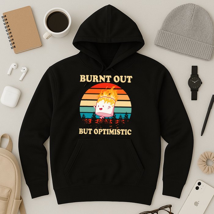 Burnt Out But Optimistic Marshmallow Retro Sunset Camping Hoodie