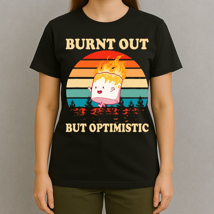 Burnt Out But Optimistic Marshmallow Retro Sunset Camping T-Shirt