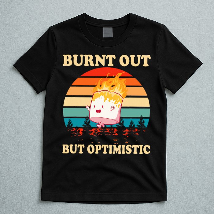 Burnt Out But Optimistic Marshmallow Retro Sunset Camping T-Shirt