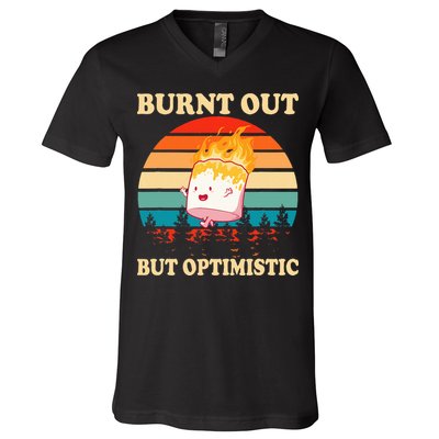 Burnt Out But Optimistic Marshmallow Retro Sunset Camping V-Neck T-Shirt