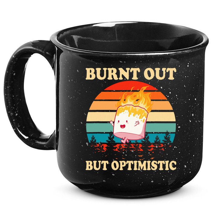 Burnt Out But Optimistic Marshmallow Retro Sunset Camping 15oz Campfire Ceramic Mug