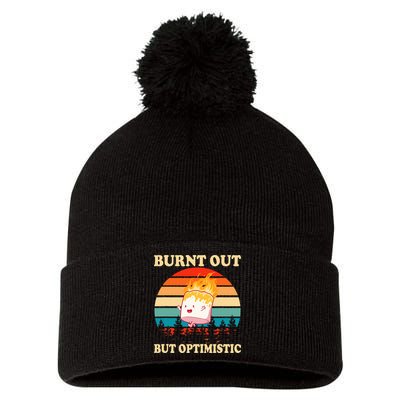 Burnt Out But Optimistic Marshmallow Retro Sunset Camping Pom Pom 12in Knit Beanie