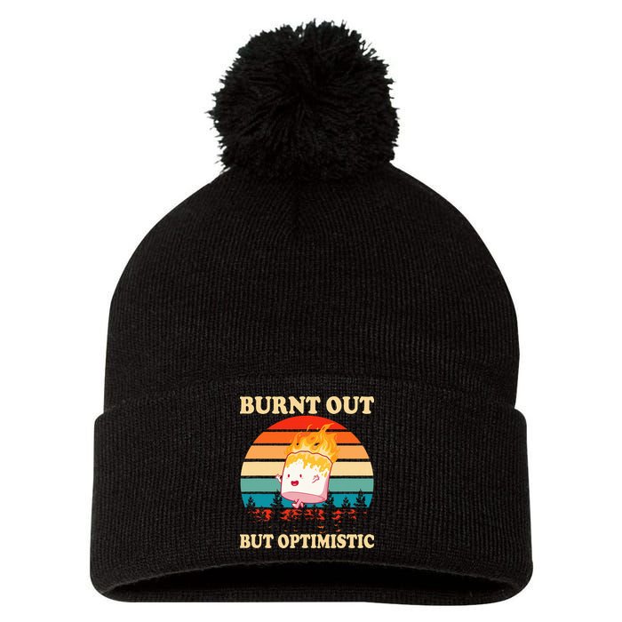 Burnt Out But Optimistic Marshmallow Retro Sunset Camping Pom Pom 12in Knit Beanie