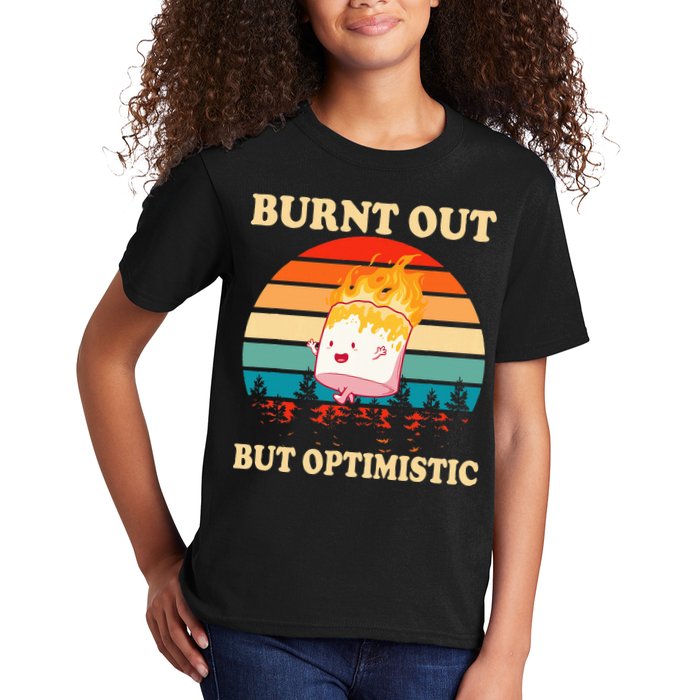 Burnt Out But Optimistic Marshmallow Retro Sunset Camping Kids T-Shirt