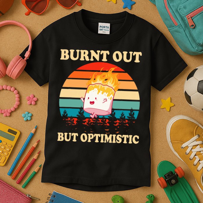 Burnt Out But Optimistic Marshmallow Retro Sunset Camping Kids T-Shirt