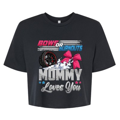 Burnouts Or Bows Gender Reveal Party Announcement Mommy Bella+Canvas Jersey Crop Tee