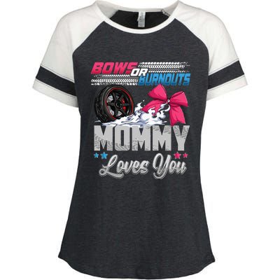 Burnouts Or Bows Gender Reveal Party Announcement Mommy Enza Ladies Jersey Colorblock Tee