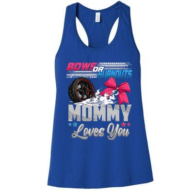 Burnouts Or Bows Gender Reveal Party Announcement Mommy Women's Racerback Tank