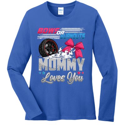 Burnouts Or Bows Gender Reveal Party Announcement Mommy Ladies Long Sleeve Shirt