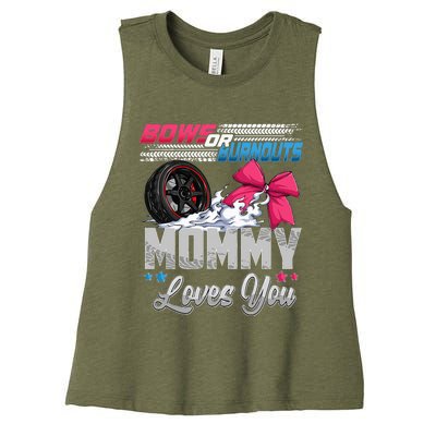 Burnouts Or Bows Gender Reveal Party Announcement Mommy Women's Racerback Cropped Tank