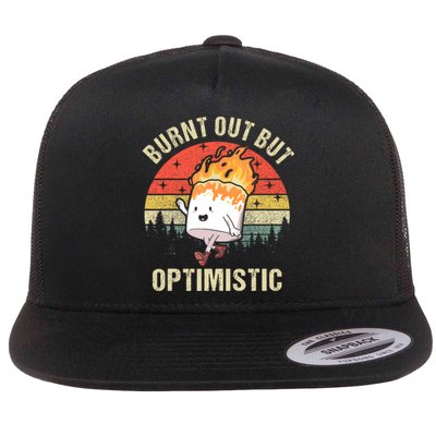 Burnt Out But Optimistic Funny Marshmallow For Camping Retro Flat Bill Trucker Hat