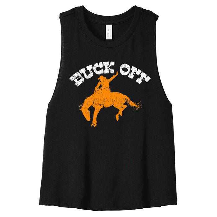 Buck Off Bucking Western Rodeo Cowboy Bronc Rider Women's Racerback Cropped Tank