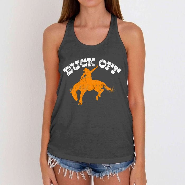 Buck Off Bucking Western Rodeo Cowboy Bronc Rider Women's Knotted Racerback Tank