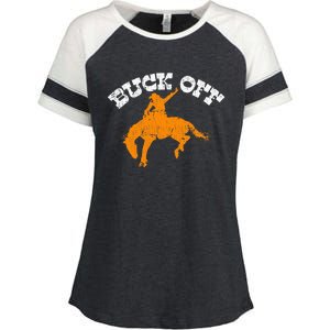 Buck Off Bucking Western Rodeo Cowboy Bronc Rider Enza Ladies Jersey Colorblock Tee