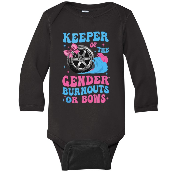 Burnouts Or Bows Funny Gender Reveal Party Fun Baby Long Sleeve Bodysuit