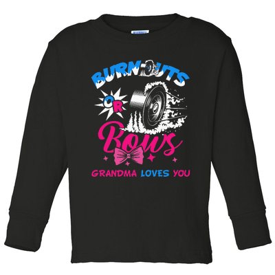 Burnouts Or Bows Gender Reveal Baby Party Announce Grandma Toddler Long Sleeve Shirt