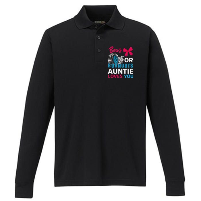 Burnouts Or Bows Auntie Loves You Gender Reveal Party Baby Performance Long Sleeve Polo