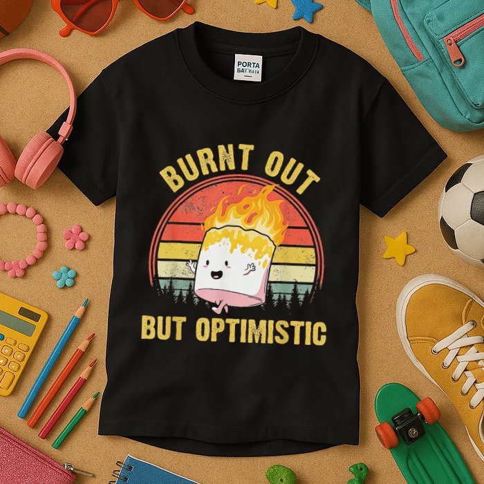 Burnt Out But Optimistic Cute Marshmallow For Camping Kids T-Shirt