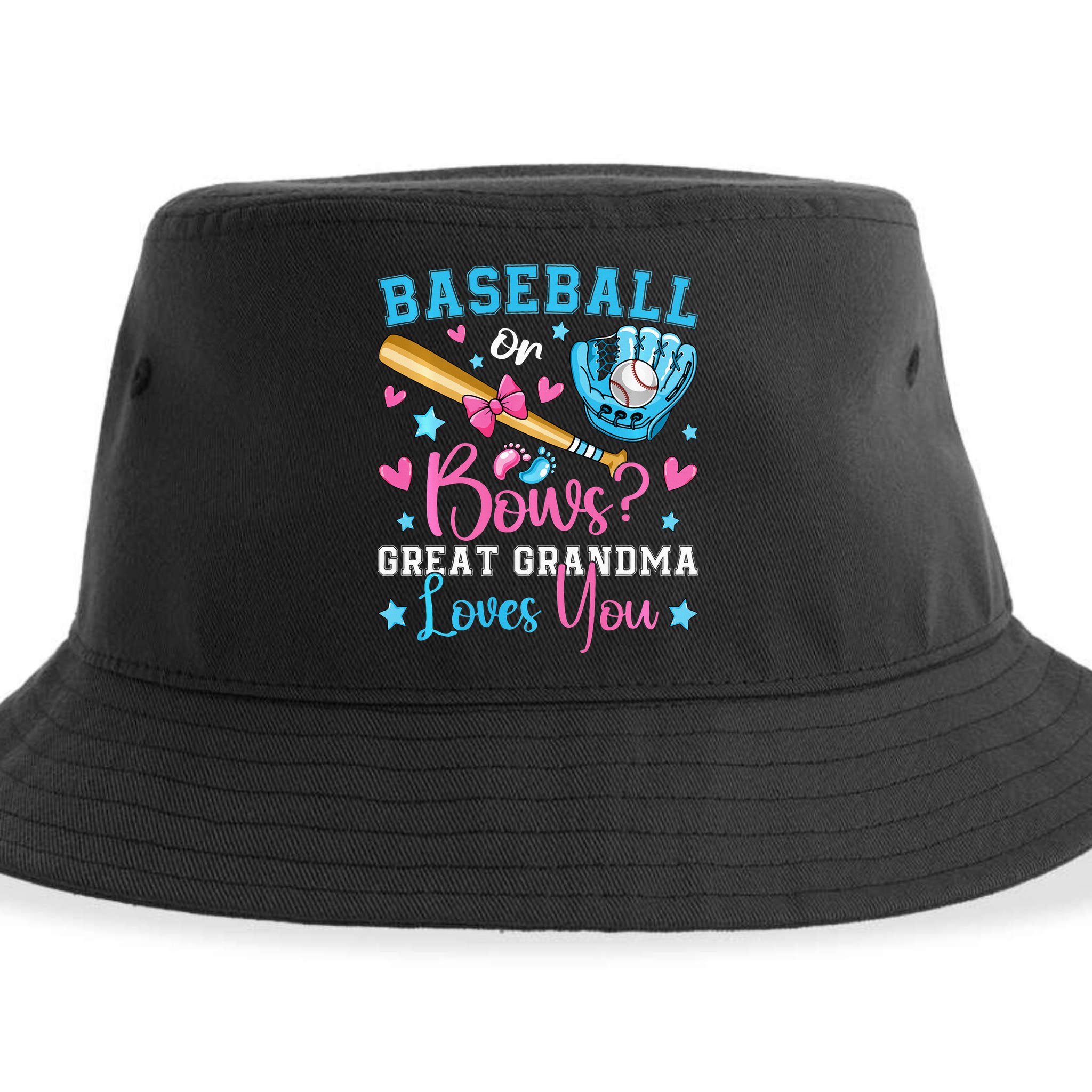 Baseball or Bows Great Grandma Loves You Cute Gender Reveal Sustainable Bucket Hat