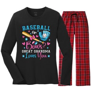 Baseball or Bows Great Grandma Loves You Cute Gender Reveal Women's Long Sleeve Flannel Pajama Set 