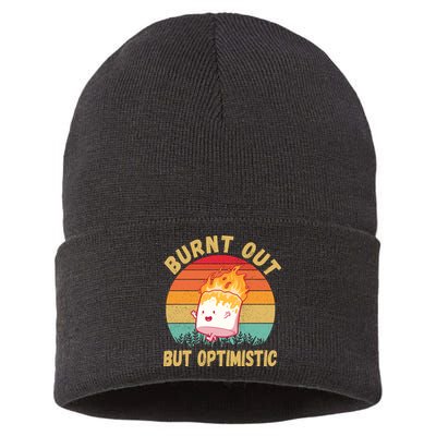 Burnt Out But Optimistic Funny Marshmallow Sustainable Knit Beanie