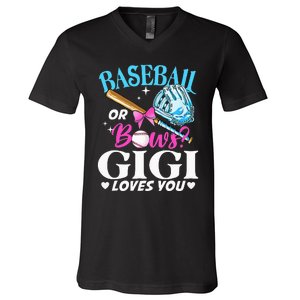 Baseball or Bows Gigi Loves You Gender Reveal Pink or Blue V-Neck T-Shirt