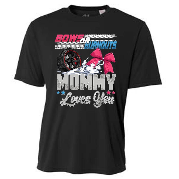 Burnouts Or Bows Gender Reveal Party Announcement Mommy Cooling Performance Crew T-Shirt