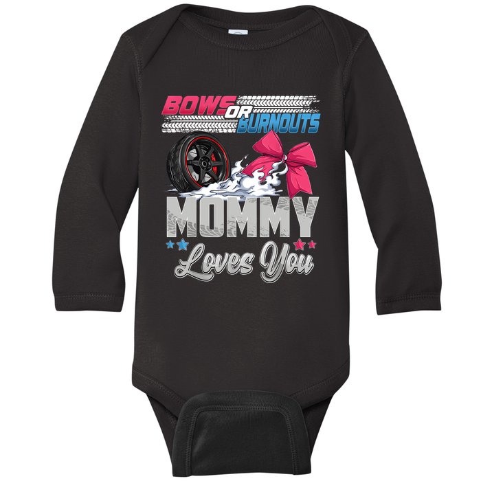 Burnouts Or Bows Gender Reveal Party Announcement Mommy Baby Long Sleeve Bodysuit