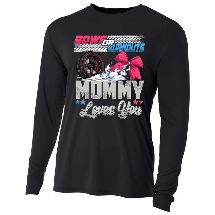 Burnouts Or Bows Gender Reveal Party Announcement Mommy Cooling Performance Long Sleeve Crew