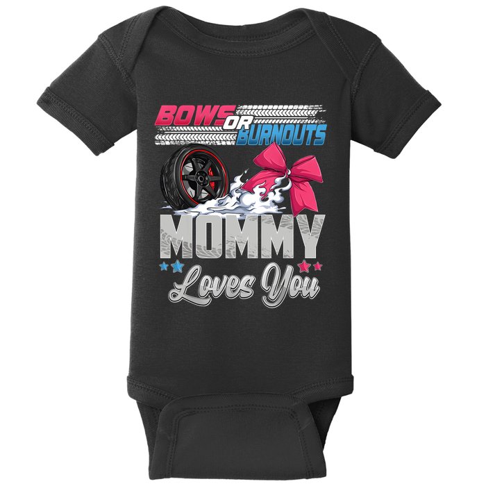 Burnouts Or Bows Gender Reveal Party Announcement Mommy Baby Bodysuit