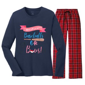 Baseball Or Bows Gender Reveal Women's Long Sleeve Flannel Pajama Set 