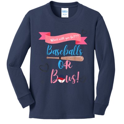 Baseball Or Bows Gender Reveal Kids Long Sleeve Shirt