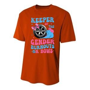 Burnouts Or Bows Funny Keeper Of Gender Baby Reveal Party Performance Sprint T-Shirt