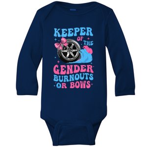 Burnouts Or Bows Funny Keeper Of Gender Baby Reveal Party Baby Long Sleeve Bodysuit