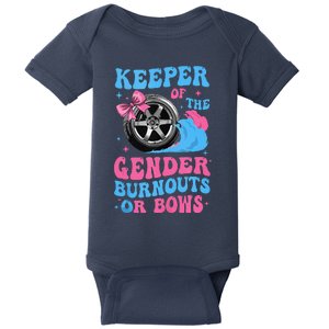 Burnouts Or Bows Funny Keeper Of Gender Baby Reveal Party Baby Bodysuit